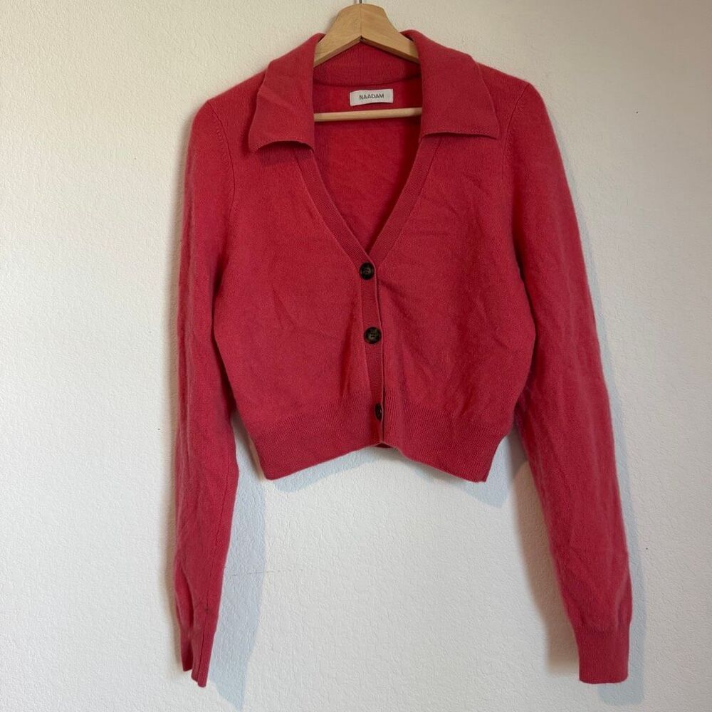 Naadam Rose Pink Cashmere Cropped Polo Cardigan Sweater Women's Size Large